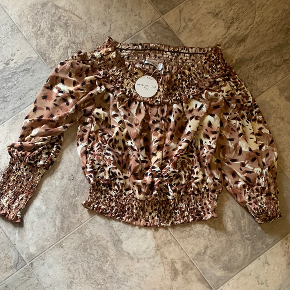 NWTNordstrom’s Patricia Luca Rust L 10231144  Brown Smocked 3/4 Sleeve Blouse